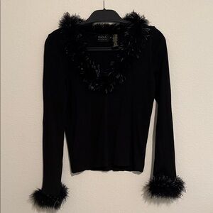 Dana Buchman Black Long Sleeve Blouse with real turkey and ostrich feather trim